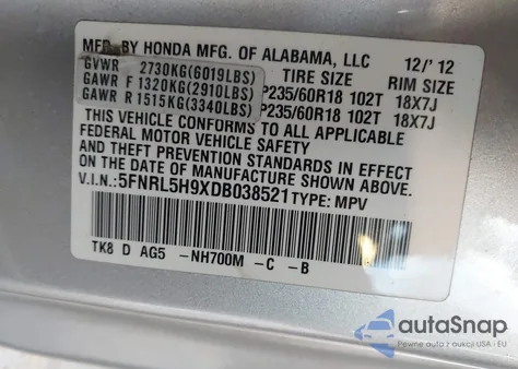 2013 Honda Odyssey Touring/Touring Elite z USA, uszkodzony, nr VIN 5FNRL5H9XDB038521